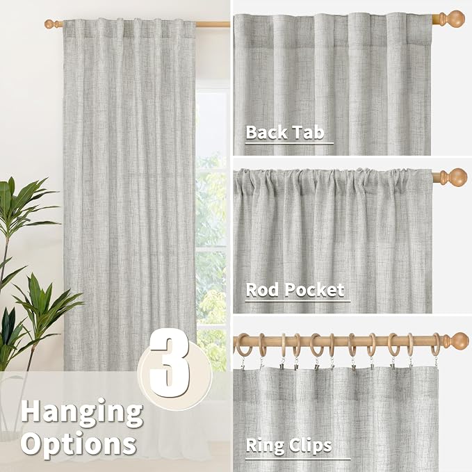 Light Grey Linen Semi Sheer Curtains 52x63 Inch Length for Living Room | Textured Window Drapes with Rod Pocket Back Tab Light Filtering for Office Bedroom, 2 Panels Set