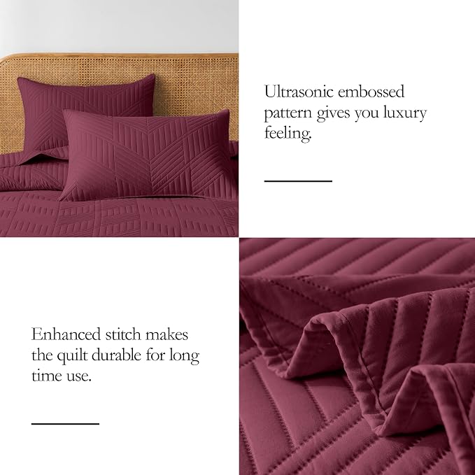 Davulos Full/Queen Quilt Set, Burgundy Lightweight Microfiber Bedspread, Reversible All Season Coverlet with Modern Geometric Pattern, Ultra Soft & Breathable (1 Quilt, 2 Pillow Shams)