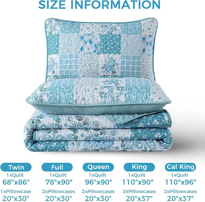 Mybedsoul Blue Patchwork King Size Quilt, Floral Reversible Bedding Set | Soft Lightweight Microfiber Coverlet Set, 3 Pieces Plaid Bedspread, Bed Sets for All Seasons 90"x110"