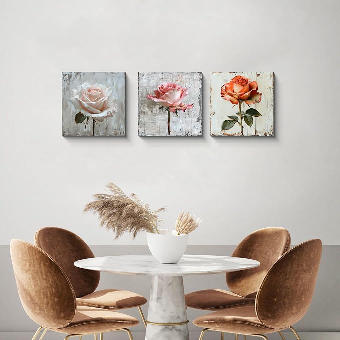 NAN Wind 3 Panel Rose Canvas Art with Distressed Wood Frame Vintage Botanical Wall Art for Farmhouse Decor Pink Orange Rose Gallery Wall Set Ready to Hang Floral Prints for Living Room Bedroom Kitchen