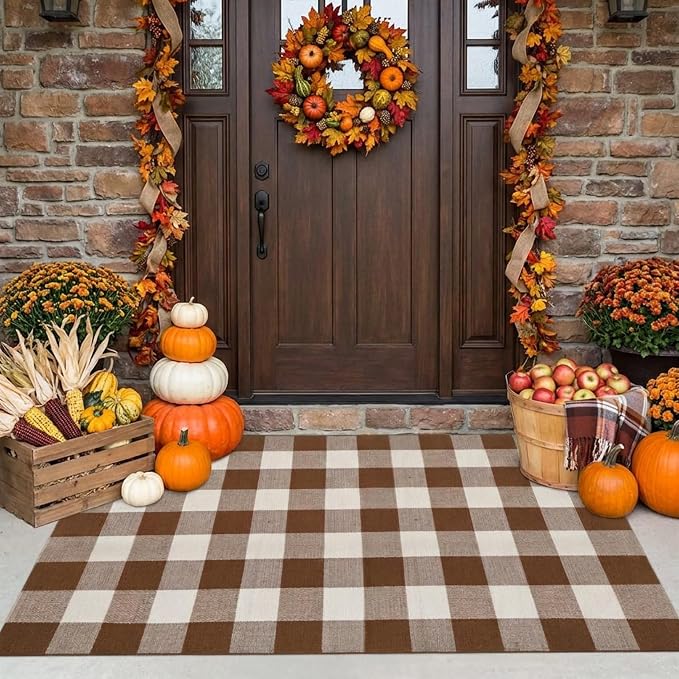 SEEKSEE Buffalo Plaid Outdoor Rug 3' x 5' Coffee and White Front Door Mat, Layering Rug for Porch, Fall Doormat, Front Porch Rug for Outdoor Entrance Entryway Patio Porch Decor