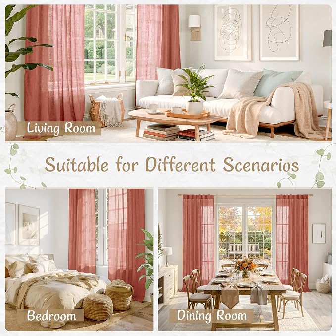 Linen Semi Sheer Curtains 63 Inch Length 2 Panels, 52 x 63 Inch | Light Filtering, Neutral Boho, Bedroom Curtains, Fall Drapes for Living Room, Farmhouse, Back Tab Rod Pocket, Terracotta
