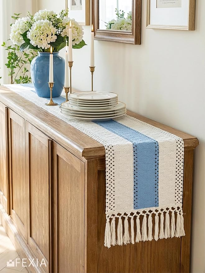 FEXIA Boho Table Runner for Home Decor 12x72 Light Blue Farmhouse Decor | 72 Inches Long with Tassels Rustic Table Runner Macrame Burlap Centerpieces for Living Dining Room Bedroom for Baby Shower