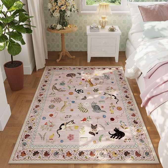 Rugcomf Area Rug 4x6 Rug Washable Boho Rugs Non Slip Low Pile Floral Animal Cat Small Carpet for Bedroom Bedside Kids Room Office Dining Room, Pink