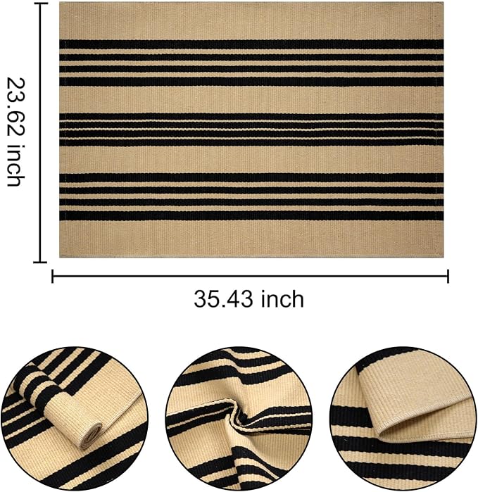 Front Outdoor Door Mat 2'x3',Khaki and Tan Striped Outdoor Rug Machine Washable Cotton Layered Door Mat Entryway Throw Rug for Indoor Entrance