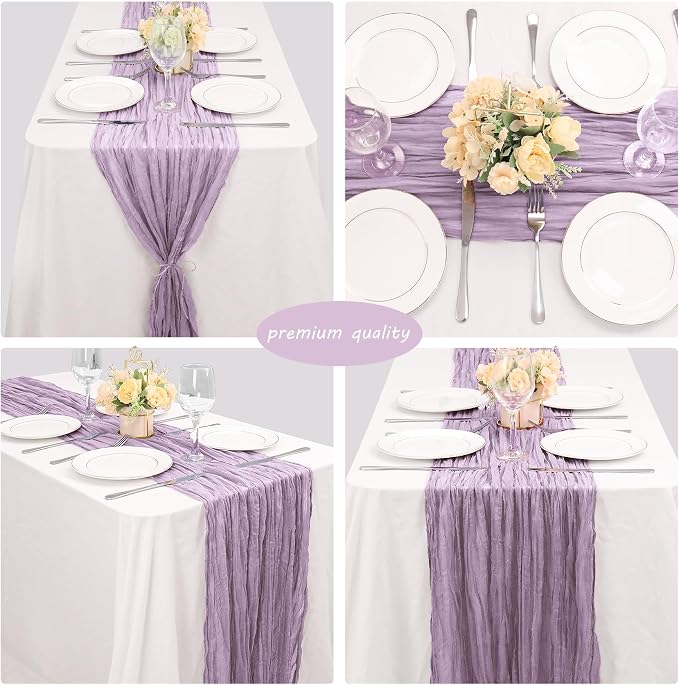 12 Pack Boho Gauze Table Runner - 35x72 Inch Rustic Cheese Cloth Long Runner for Wedding, Bridal Shower, Birthday Party Decor (Light Purple)