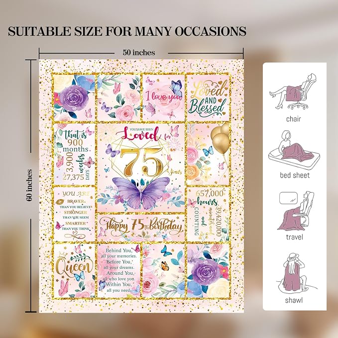 75th Birthday Gifts for Her -75 Year Old Gifts for Women Mom -75th Milestone Birthdays Blanket -75th Birthday Blanket for Women - Warm Soft Plush Flannel Throw Blankets (60"x50")
