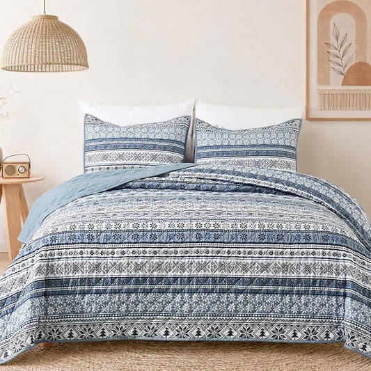 WRENSONGE Boho King Quilt-Bohemian Quilts King Size Quilt Bedding Set | Reversible Lightweight Farmhouse Rustic Diamond Stitch Coverlet for All Seasons, 3 Pieces, Blue, 106"x94"