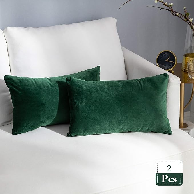 Stellhome Pack of 2 Throw Pillow Covers Rectangle Super Soft Solid Velvet Pillowcase for Bed Couch Sofa Bench, 12 x 20 inch (30 x 50 cm), Olive