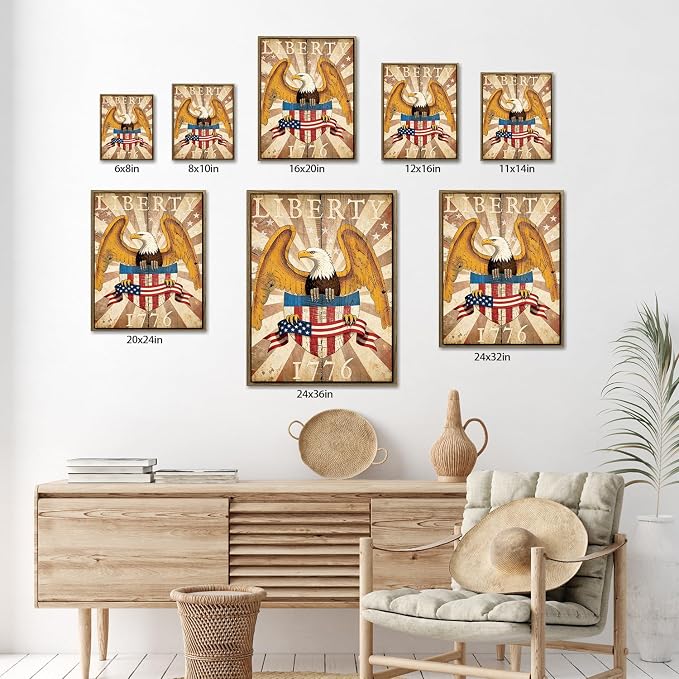American Flag Framed Canvas Wall Art, 4th of July Patriotic Canvas Prints | USA Flag with Bald Eagle Poster Print, Vintage Independence Day Wall Decor for Bedroom Living Room 11×14in