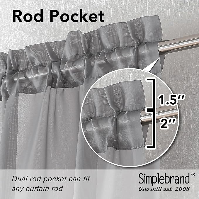 Simplebrand Grey Sheer Curtains 90 Inches Long, Light Filtering Rod Pocket Solid Color Window Sheer Curtain Panels, Elegant Curtains & Drapes for Living Room, Bedroom 2 Panels (Grey, 42" W x 90" L)