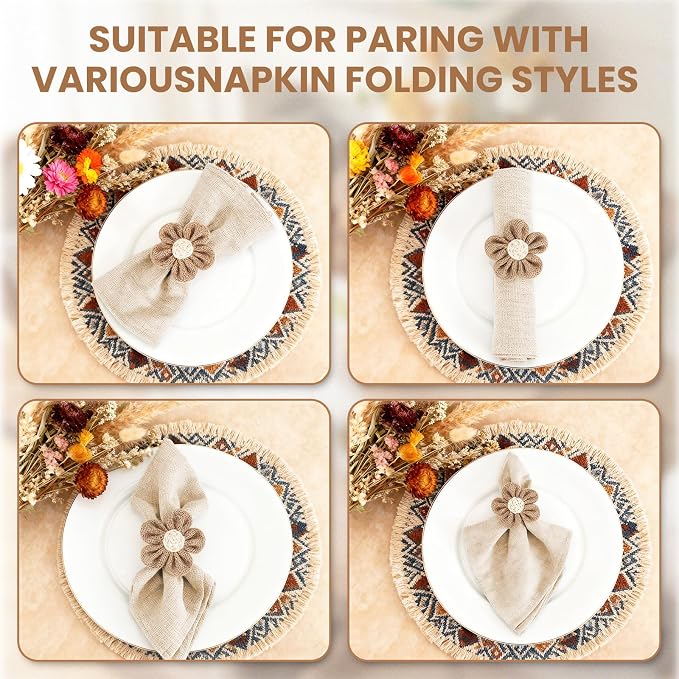 Napkin Rings Set of 12 Handmade Rustic Napkin Rings Reusable Boho Napkin Ring for Elegant Dining Table Decoration Perfect for Christmas, Thanksgiving, Wedding, Holiday, Everyday Use