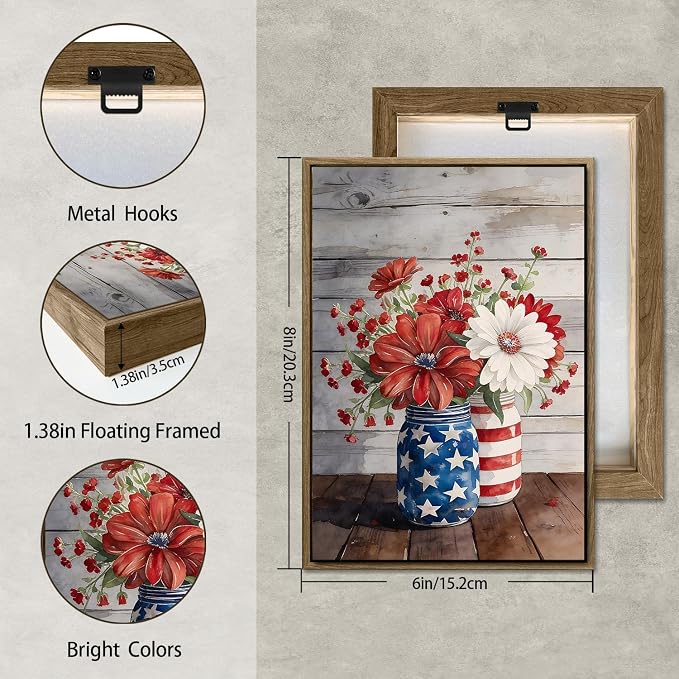American Flag Framed Canvas Wall Art, 4th of July Patriotic Canvas Prints | Flowers and Stripes Poster Print, Independence Day Wall Decor for Bedroom Living Room Dining Room Office 6×8in