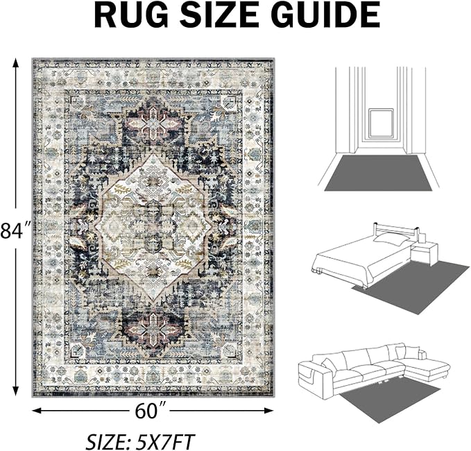 AooHHooA 5x7 Area Rugs Light Blue Boho Living Room Rug, Low Pile Non-Slip Washable Rugs for Living Room 5x7 Vintage Blue Rugs for Bedroom