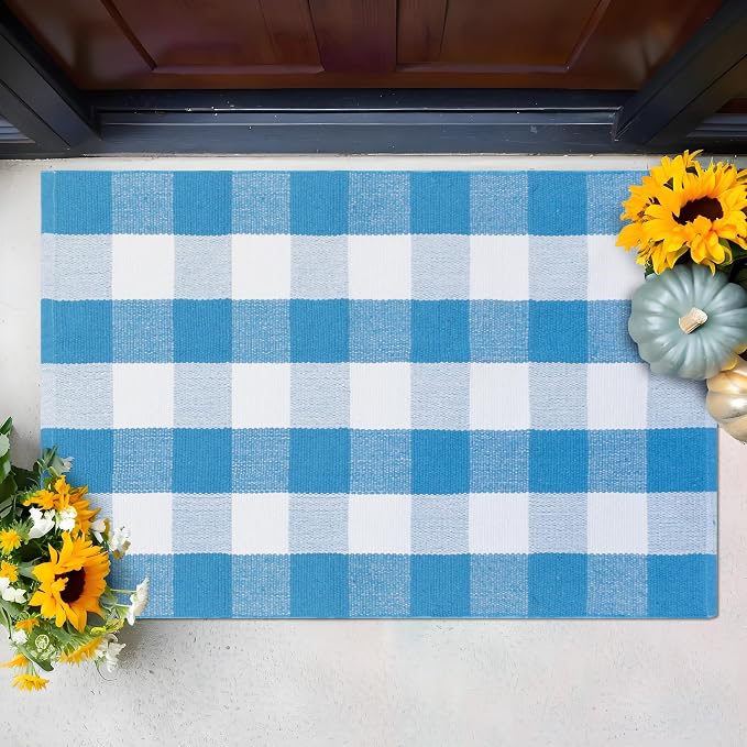 Buffalo Plaid Outdoor Rugs, 4'x6' Blue and White Checkered Indoor Outdoor Area Rug, Layering Rug for Welcome Door Mat, Washable Cotton Woven Farmhouse Mat for Spring Easter Front Porch Décor