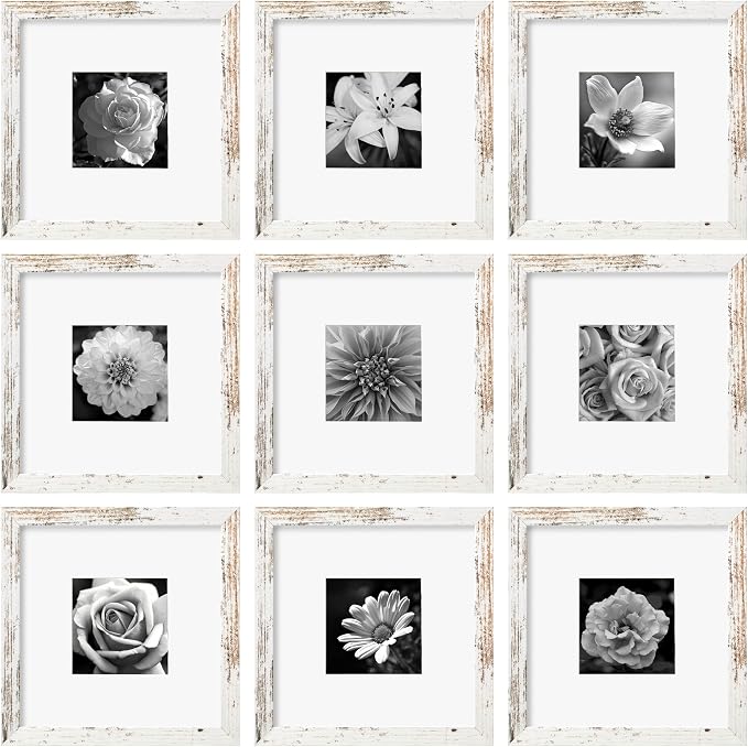 eletecpro Picture Frames Set of 9, 10x10 in, Acrylic Cover, Rustic White | Display Photo 5x5 with Mat or 10x10 without, Square Gallery Collage, Wall Mount, Minimalist Home Decor, Engineered Wood