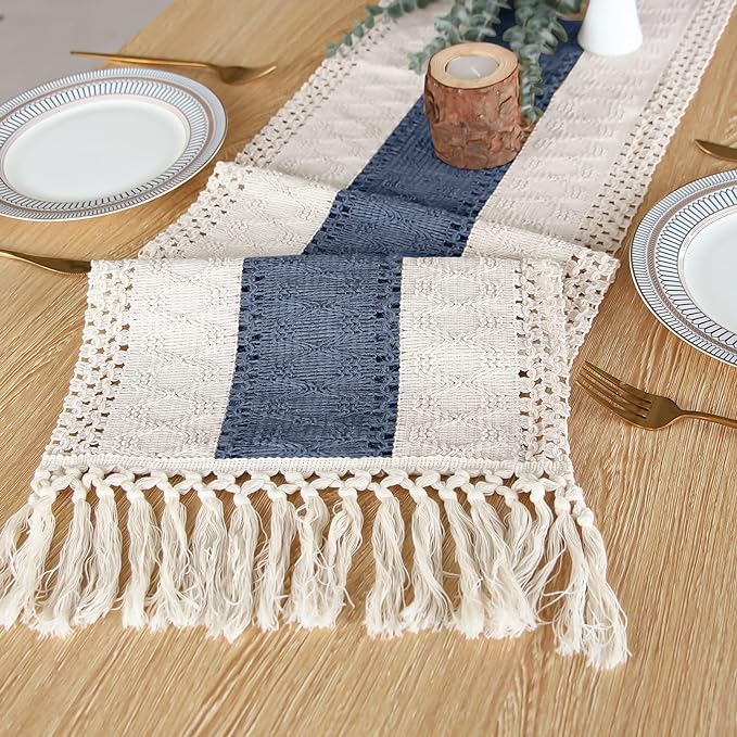 Boho Table Runner for Home Decor 12x72 Blue Fall Rustic Decorations | 72 Inches Long with Tassels Table Runner Macrame Farmhouse Birthday Wedding Dining Kitchen Living Room Baby Shower Decor