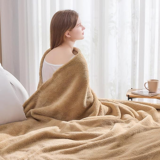 NEWCOSPLAY Knitted Throw Blanket for Couch Sofa Bed, Khaki, 90"x90" | Super Soft Plush, Fuzzy Fluffy Microfiber, Lightweight Cozy Blanket for Room Decor, All Season Use