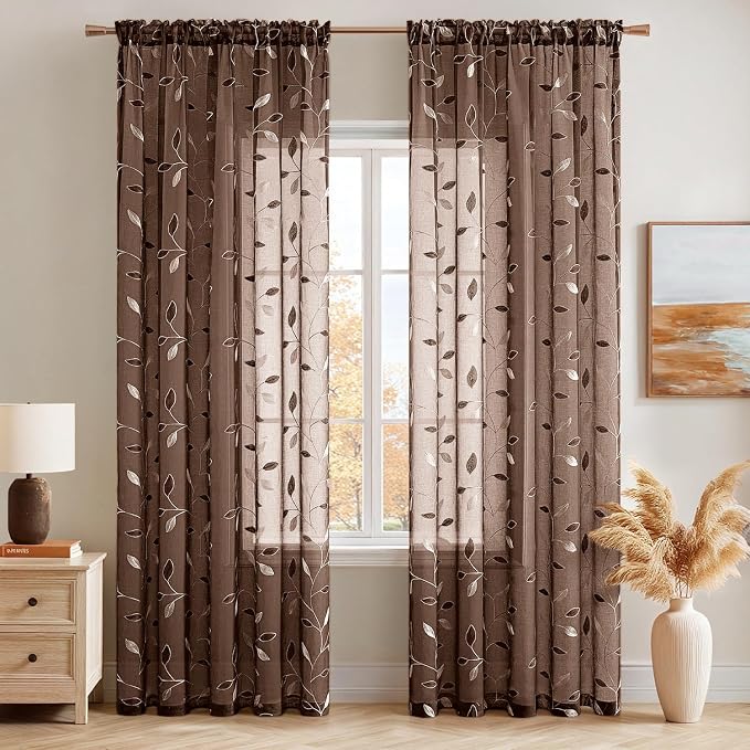 MIULEE Chocolate Brown Sheer Curtains 2 Panels Leaf Patterned, W52 x L84 | Embroidered Floral Semi Sheer,Rod Pocket,Faux Linen,Short Window Curtains Drapes Set for Kitchen/Bathroom/Cafe