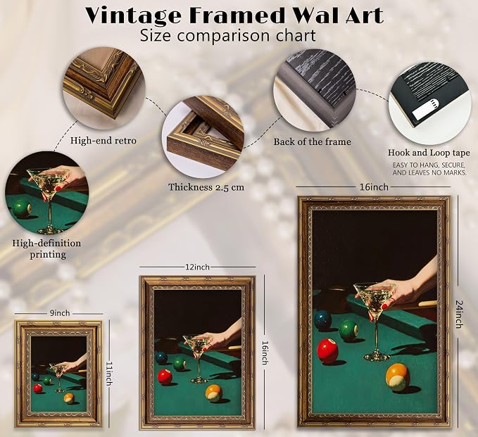 Vintage Gold Framed Bar Wall Art, Retro Dive Bar Martini Pool Oil Painting Canvas Print, Trendy Billiards Cocktail Picture, Lucky 8 Ball Poster Artwork for Tavern Kitchen Dining Room