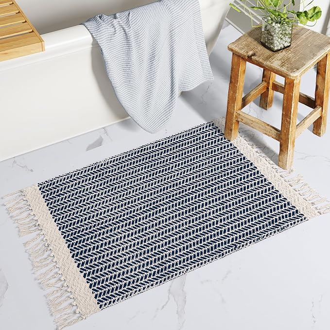 Lahome Boho Bathroom Rugs, Small 2x3 Front Door Mat for Kitchen, Washable | Indoor Entryway Area Rug Woven Cotton with Tassels, Farmhouse Non Shedding Blue Throw Low Pile Carpet for Bath Entry Laundry