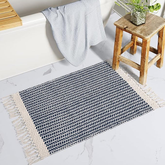 Lahome Boho Bathroom Rugs, Small 2x3 Front Door Mat for Kitchen, Washable | Indoor Entryway Area Rug Woven Cotton with Tassels, Farmhouse Non Shedding Blue Throw Low Pile Carpet for Bath Entry Laundry