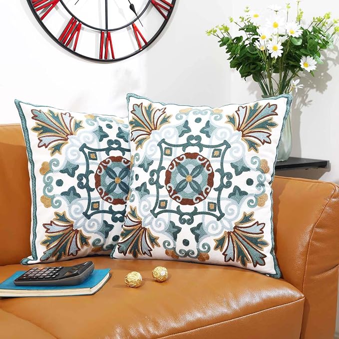 Onelsong Decorative Throw Pillow Covers for Couch Living Room 18x18 inches Set of 2 Embroidery Square Boho Throw Pillows Cover for Sofa Chair Bed