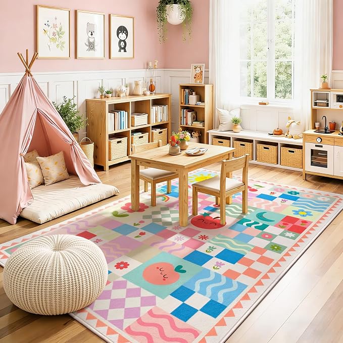 Washable Pink Area Rugs for Bedroom Girls, 4x6 Soft Checkered Playroom Carpet with Cute Sun & Rainbow Fruit Design, Non-Slip Decorative Floor Mat