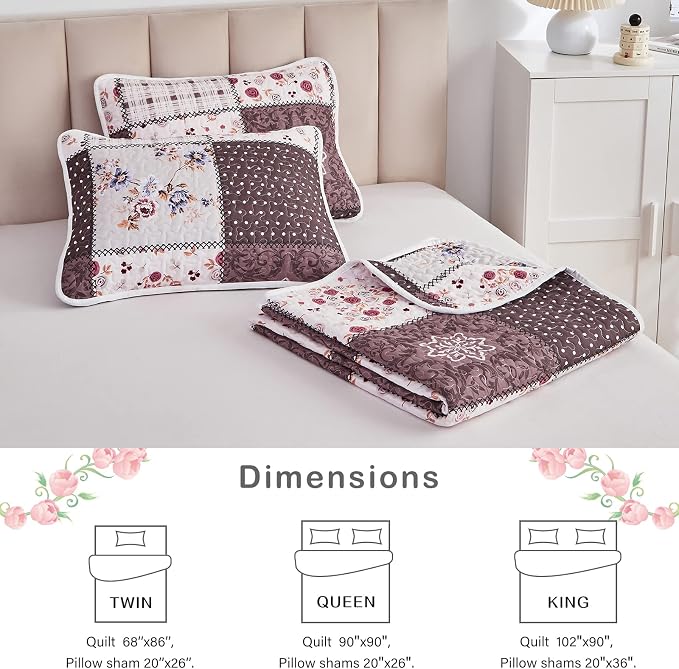 Patchwork Quilt Set Full/Queen Size, 3 Pieces Brown Floral Plaid Summer Bedspread Coverlet Set, Soft Microfiber Reversible Lightweight Bed Cover for All Season (90" x 90", 1 Quilt+ 2 Pillow Shams)
