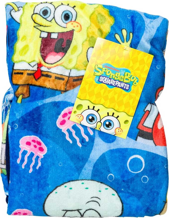 Silver Buffalo Spongebob Squarepants, Patrick, Throw Blanket, 45x60in | Squidward, Mr. Krabs, Sandy, Mermaid Man, Barnacle Boy, Flying Dutchman, Pearl, Bikini Bottom, Soft, Cozy, Fleece, 185 GSM