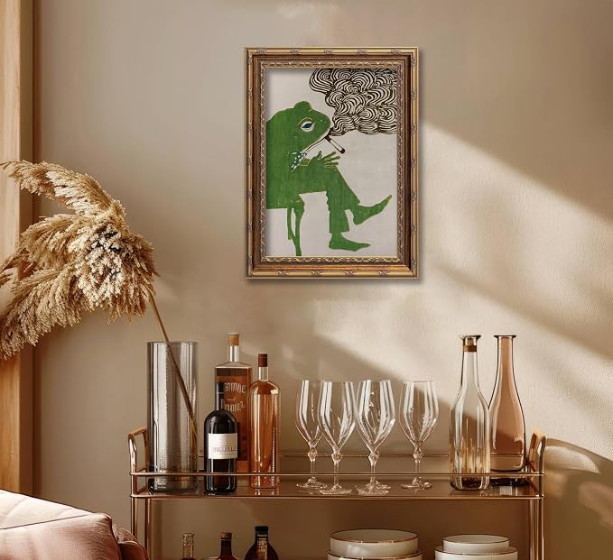 Vintage Gold Framed Bar Wall Art, Funny Green Frog Smoking Canvas Print, Abstract Whimsical Animal Painting Picture, Humor Retro Amphibian Poster Artwork for Kitchen Dining Room Living Room