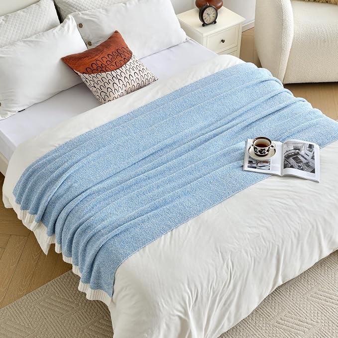Chunky Knit Boucle Throw Blanket, Soft Washable Coastal Blanket for Bed Couch, Lightweight Cozy Oversized Feather Knit Blanket Indoor Outdoor for Sofa (Blue, Twin 60"x80")