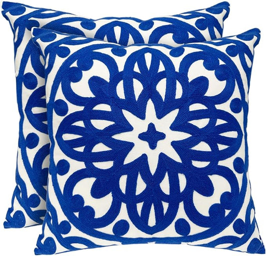 Alysheer Floral Embroidered Spring Decorative Throw Pillow Cover 18"x 18" Set of 2, Boho Mandala Embroidery Royal Blue Patterned Cushion Case for Sofa Couch Living Room Bedroom Outdoor