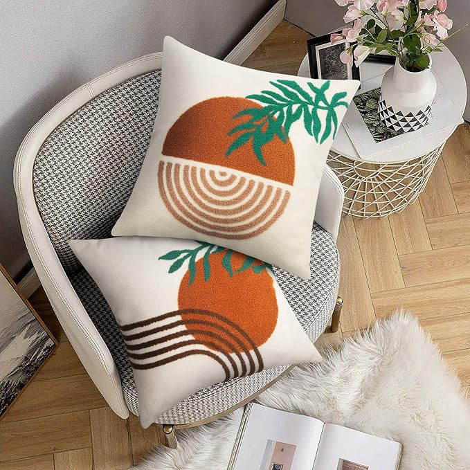 Merrycolor Orange Boho Abstract Throw Pillow Covers 18x18 Tufted Mid Century Modern Throw Pillows Sun Leaf Accent Pillow Covers Textured Boho Pillows Decorative Throw Pillows for Bed Couch Sofa