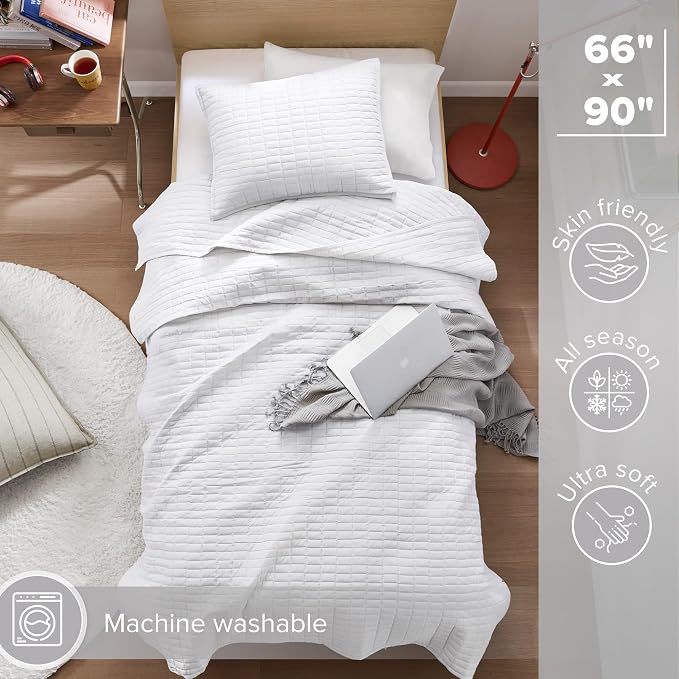 Comfort Spaces Kienna Twin Quilt Bedding Set 2 Piece, 66"x 90" White | Soft Cozy Lightweight Summer Twin XL Coverlet for College Dorm, Quilted Extra Layer, Modern Casual Bedroom Decor, OEKO-TEX