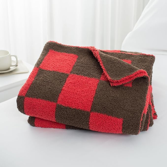 Carriediosa Checkered Throw Blanket 50x60, 400GSM Ultra Soft Microfiber | Red, Fuzzy Fluffy Cozy Plush Knit Knitted Plaid Checker, Lightweight Cute Preppy Fall Blankets & Throws for Couch, Bed