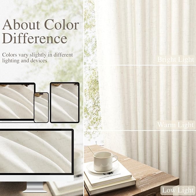 Extra Long Linen Curtains 120 Inches for Living Room Back Tab Semi Sheer High Floor to Ceiling 10ft Light Filtering Curtain Boho Farmhouse Window Drapes for Bedroom 2 Panels Beige White