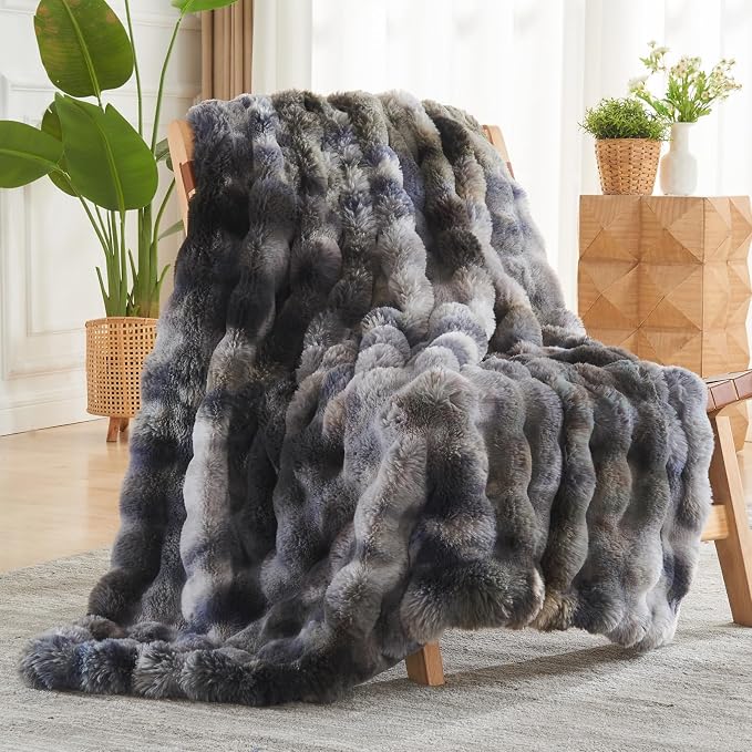 NEWCOSPLAY Faux Fur Bubble Throw Blanket for Couch, Tie-Dye Grey, 50"x60" | Fluffy Soft Thick Warm Bubble Blanket for Couch Sofa Bed 700GSM, Plush Cozy Luxury Decorative Throw, Gift for Women Men