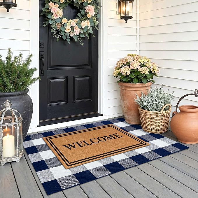 KOZYFLY Buffalo Plaid Area Rugs 2.3x3.6 Ft Blue and White Door Rug | Washable Front Door Mat, Woven Cotton Indoor Outdoor Rug, Checkered Doormat for Front Porch Kitchen Entryway Patio Farmhouse