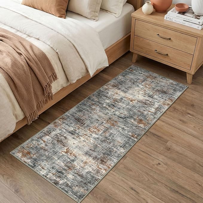 Lansny Abstract Washable 2x6 Hallway Runner Rug Non Slip Kitchen Runner | Grey/Multi;Thin Printed Faux Wool Rug Runners;Entryway Runner Indoor;Rubber Backed 6ft Carpet Runners for Hall;Bedroom Runner
