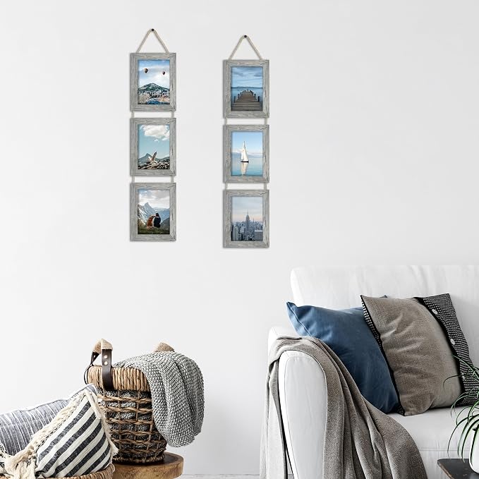 5x7 Collage Picture Frames Set of 2, Rustic Gray Wooden Real Glass Vertical Hanging 3 Opening 5 by 7 Photo Frame, Grey