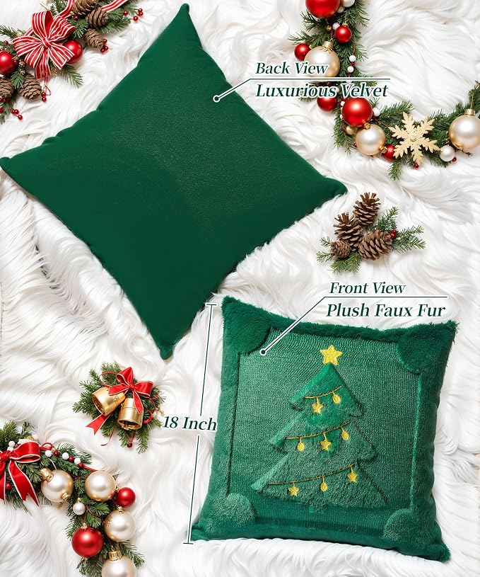 Christmas Pillow Covers Set of 2 Soft Plush Faux Fur Pillow Cases 3D Embroidered Decorative Couch Cover Home Decor Christmas Throw Pillow Covers 18x18,Green Christmas Tree