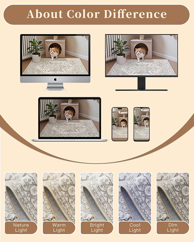 Madane 5x7 Area Rugs for Living Room, Non-Slip Washable Rug, Beige/Brown | Ultra-Thin Stain Resistant Vintage Large 5'X7' Carpet, Soft Low Pile Floor Mat For Bedroom Dining Room Office Home Decor