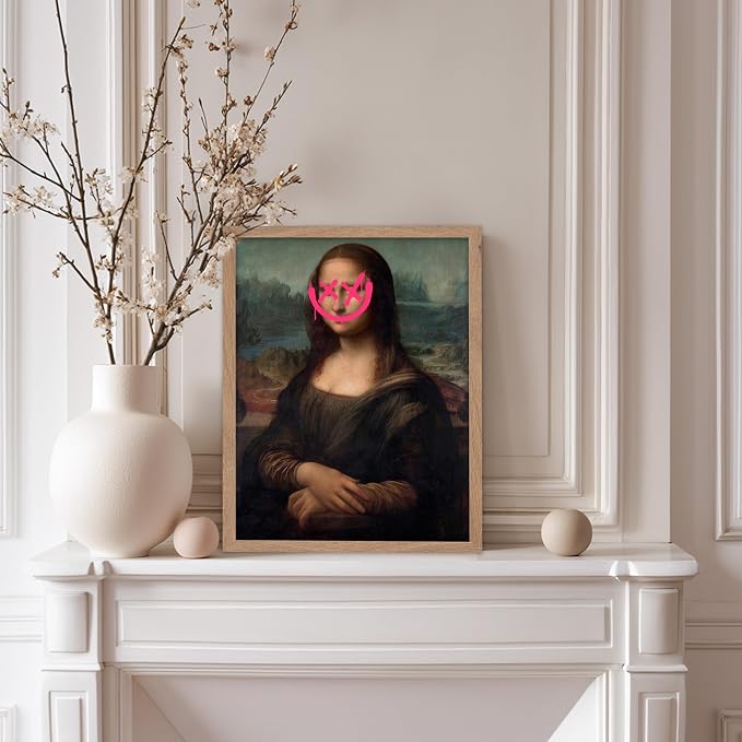 Poster Master Mona Lisa Painting Poster - Smile Face Print - Altered Art - Pop & Defaced Art - Gift for Men & Women - Minimal Decor for Office, Bedroom or Living Room, 11x14 Beige Framed