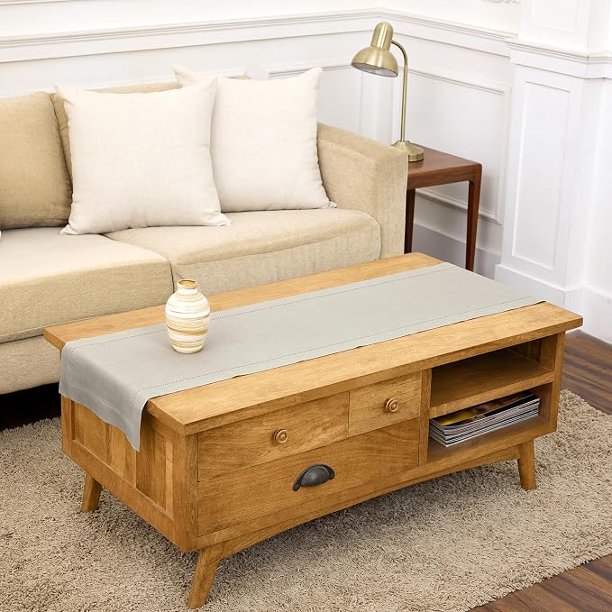 Solino Home 100% Linen Table Runner Natural, Classic Hemstitch 14 x 48 in | dresses up dining tables for everyday meals, hemstitched border, mitered corners, machine washable, soft, OEKO-TEX Certified