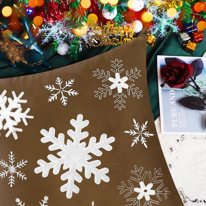 BRAWARM Christmas Pillow Cover 20 X 20 Inches, Brown Snowflake Embroidered Pillow Cover, Soft Velvet Decorative Throw Pillow for Couch Bed Sofa Living Room Home