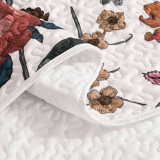 Litanika Floral White Quilt Oversized King - 3Pcs Botanical Birds Bed Set | Super King Plus Bedspread Summer Lightweight Soft Coverlet with Orange Flower for All Seasons(128"x120")
