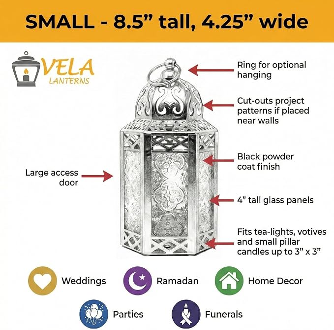 Vela Lanterns Decorative Indoor Moroccan Candle Holder Lamp, Purple, S | Gothic Home Decor, Whimsigoth Iron Goth Lamp, Hanging Witch Bedroom, Halloween Centerpiece, 8.5" Tall
