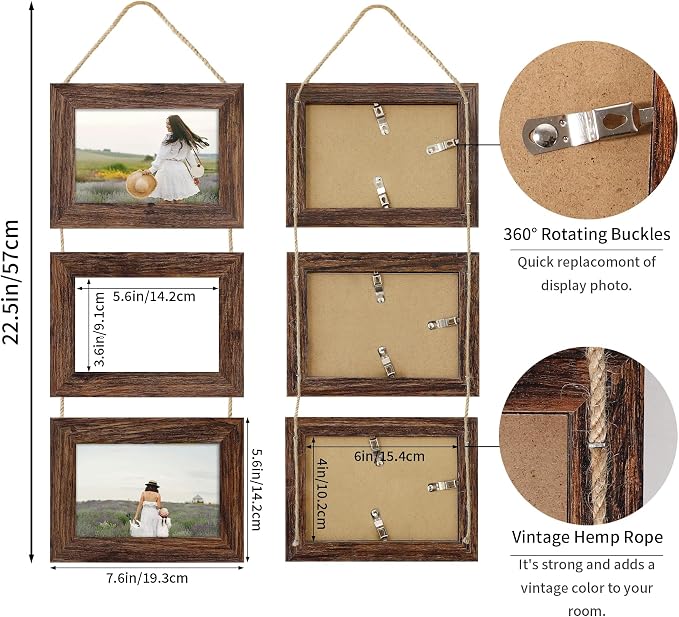 4x6 Collage Picture Frames Set of 2, Rustic Wooden Real Glass Horizontal Hanging 3 Opening 4 by 6 Photo Frame, Brown