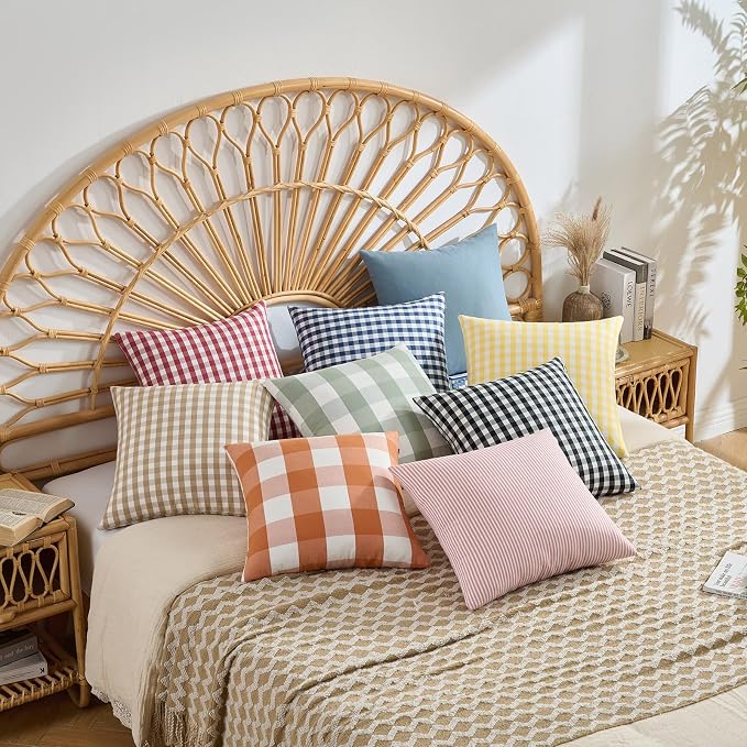 Cute Light Pink and White Buffalo Check Plaid Pillow Covers 18x18 Set of 2 | Light Pink Outdoor Throw Pillows 18 x 18, Cute Girly Pink Room Decor, Soft and Durable Textured Pillow Covers for Couch Bed
